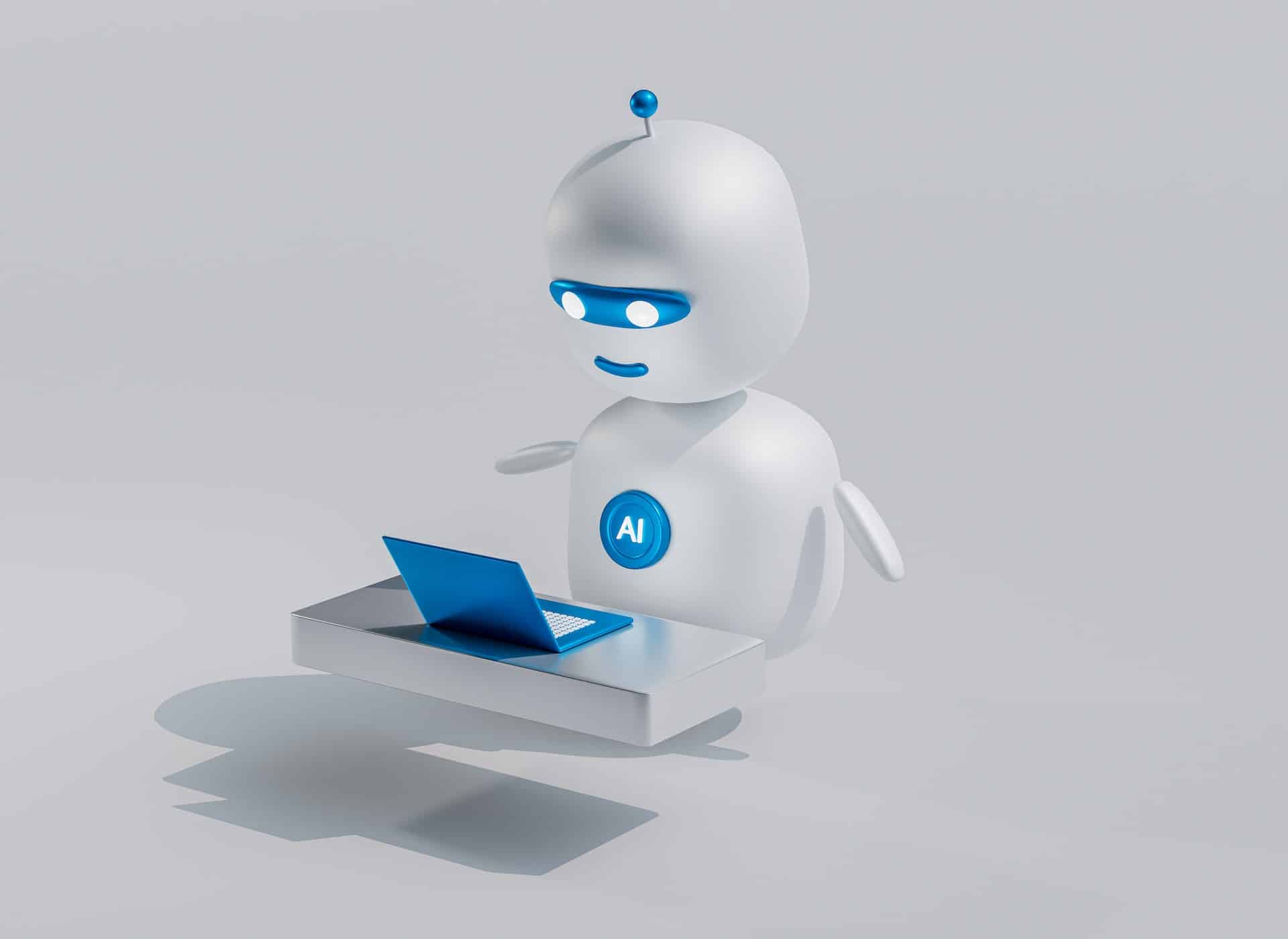 Source: https://unsplash.com/photos/a-white-robot-with-blue-eyes-and-a-laptop--0xMiYQmk8g Title: Automation Alt. Title: Automation in Event Marketing Description: An AI bot operating a computer