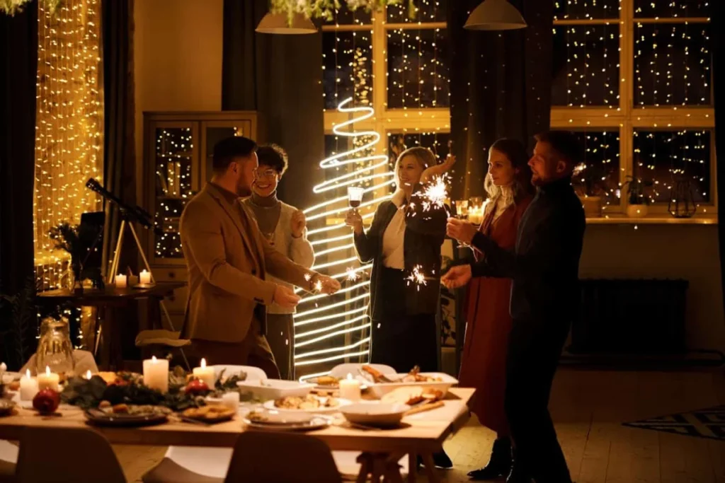 https://www.pexels.com/photo/family-celebrating-christmas-while-holding-burning-sparklers-5779173/ -- holiday party