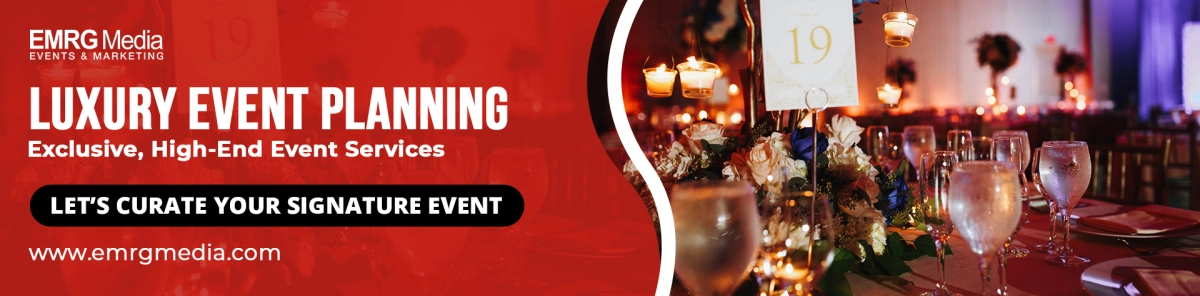 Table set for a luxury event, showcasing exquisite decor, fine dining elements, and a sophisticated ambiance, representing top-tier luxury event planning services by EMRG Media.