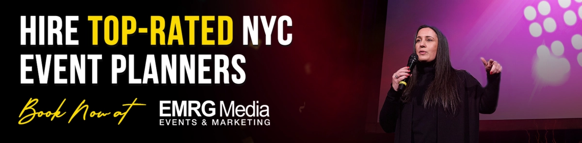 EMRG Media banner with bold text 'Hire Top-Rated NYC Event Planners' and an image of an engaging female presenter, representing the dynamic events they organize.
