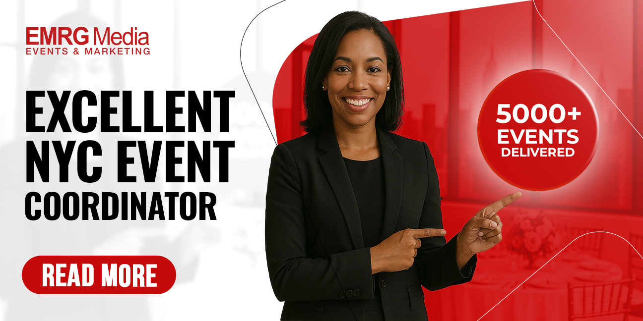A smiling Black woman in a business suit points to text on the left and a red circle on the right. The text on the left reads "EMRG Media Events & Marketing" and below it "EXCELLENT NYC EVENT COORDINATOR" with a red "READ MORE" button. The red circle on the right reads "5000+ EVENTS DELIVERED." The background is a blurred red and white modern event space.