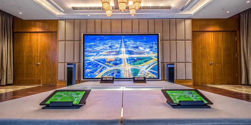 Hybrid event setup with digital screen and tablets.