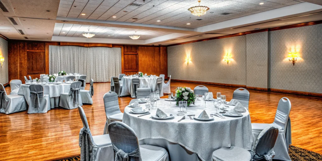 Event marketing setup with round tables and floral centerpieces.