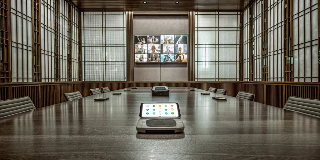 Hybrid event tech setup in modern conference room.