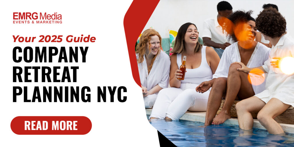 Group of employees relaxing by the pool during a successful company retreat planned in NYC with EMRG Media