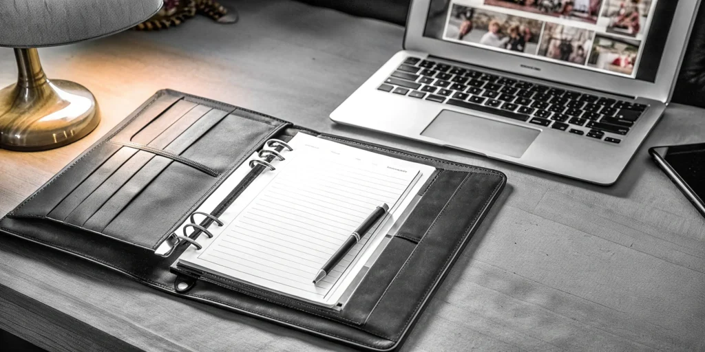 Event planner's portfolio open on a desk with laptop and pen.