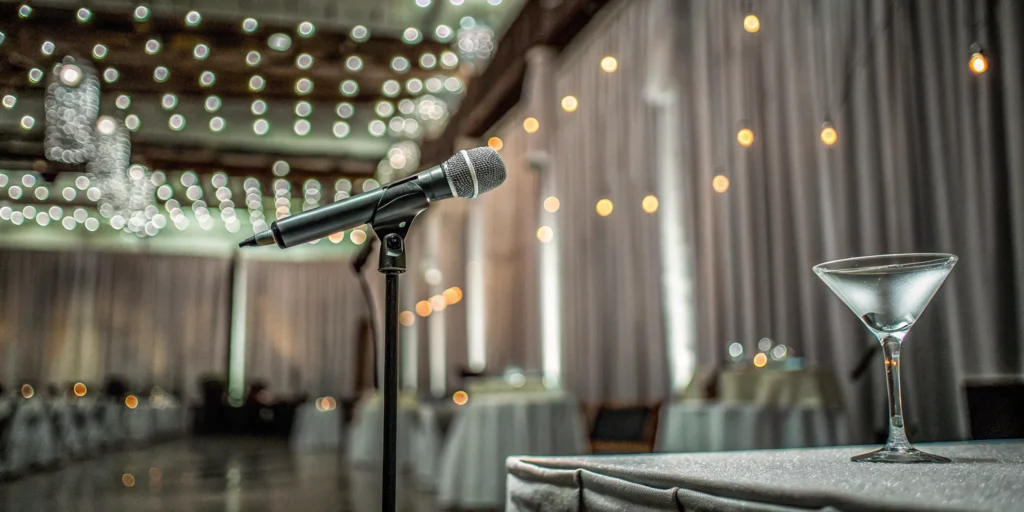 Elegant event venue with microphone and cocktail glass.