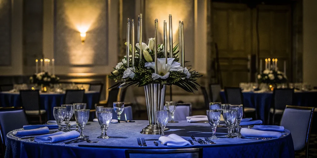 Event table setup with centerpiece at a corporate event.