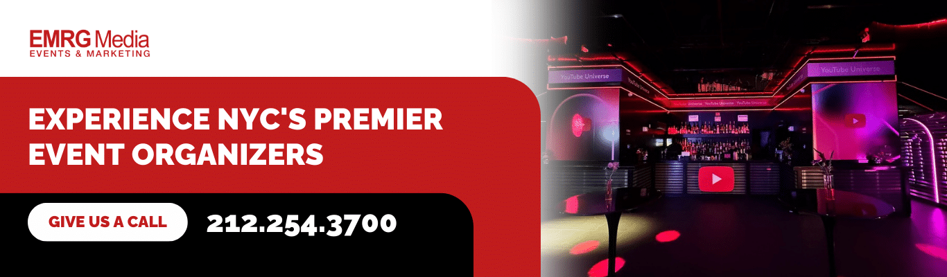 Premier NYC Event Organizer Banner - The event space is illuminated with vibrant red and blue lights, creating a dynamic and energetic atmosphere.
