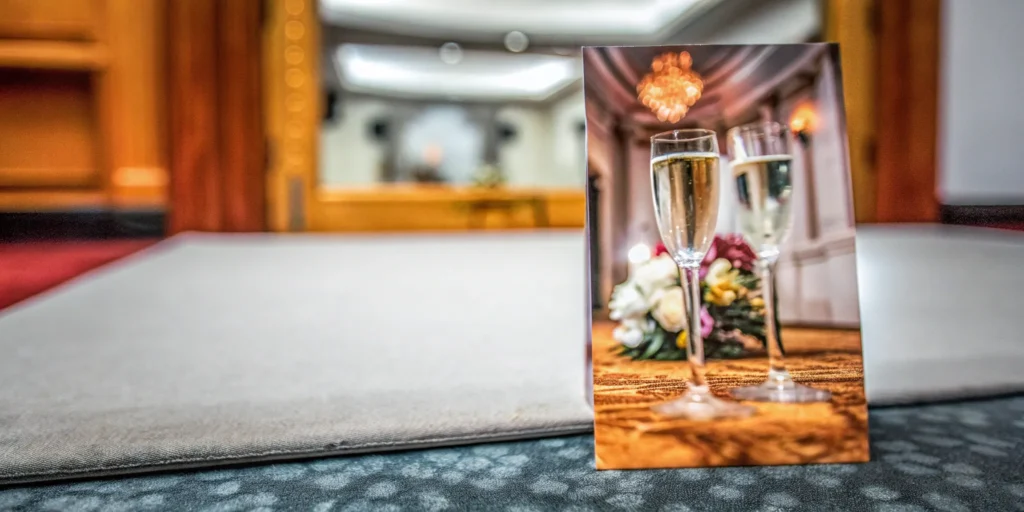 Product launch event setup with champagne and floral decor.