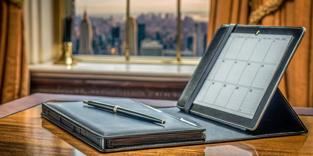 Senior event planner using digital tablet for organization.