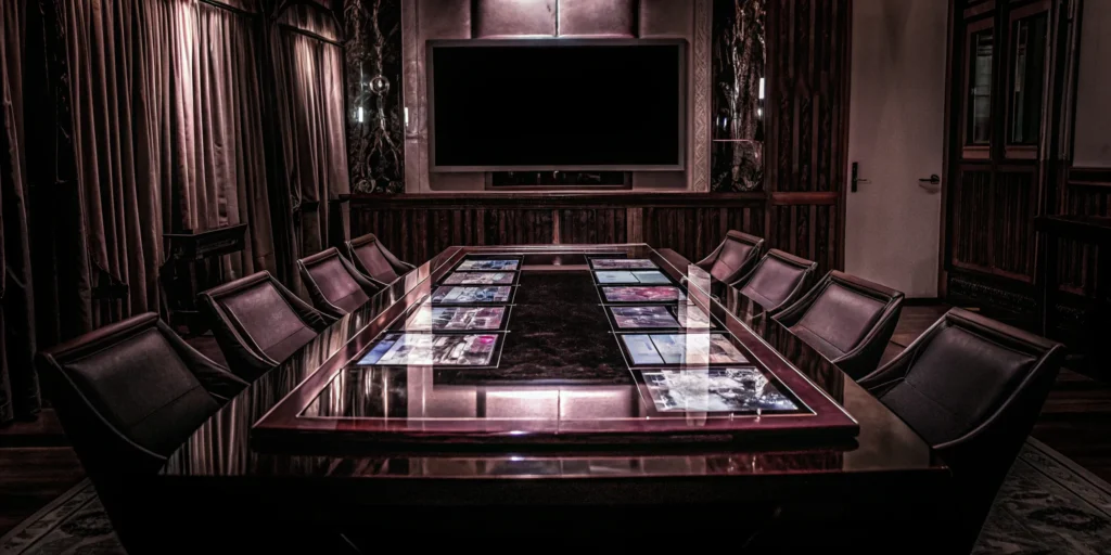 Hybrid event setup with presentation screen and conference table.