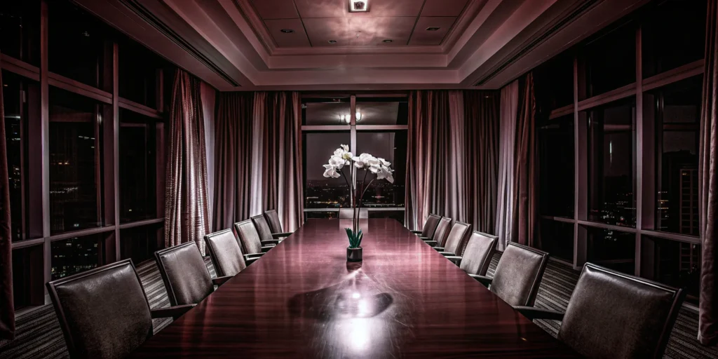 Trade show management team meeting in a modern conference room.