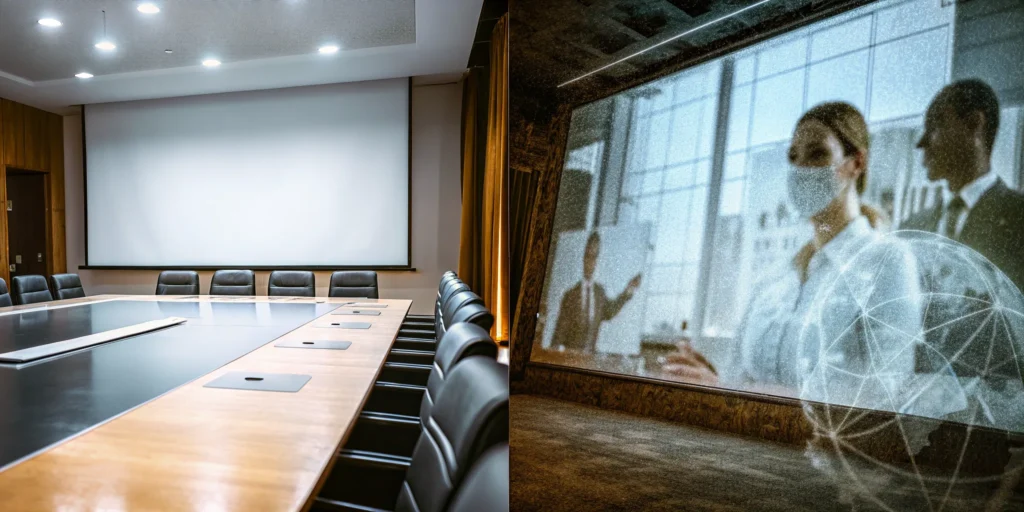 Virtual and hybrid event setup with empty boardroom and digital screen.