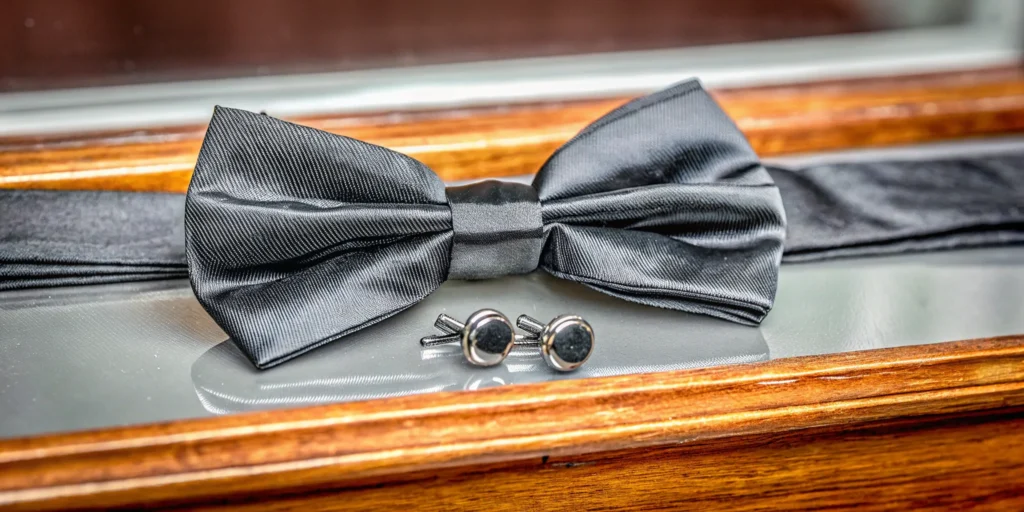 Black tie accessories: Bow tie and cufflinks.
