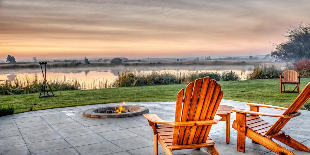 A serene lakeside fire pit, an ideal setting for planning a company retreat.