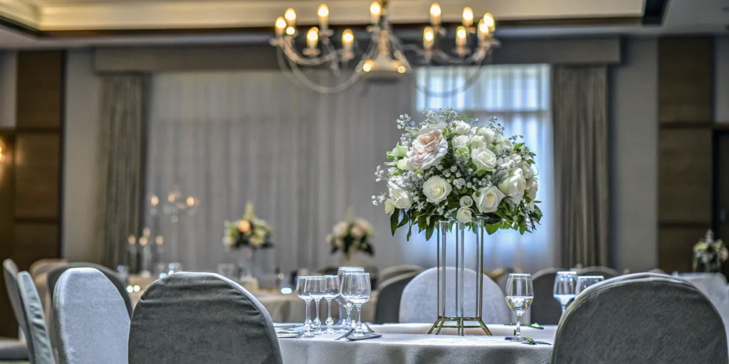 An elegant event venue with chandeliers, found using one of the best venue sourcing platforms.