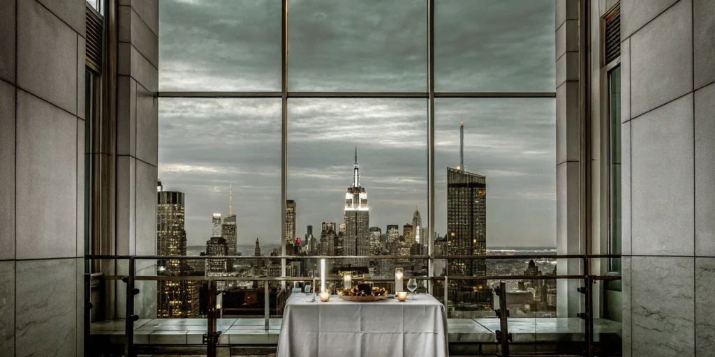 A luxury rooftop event with an NYC skyline, planned by a premier event marketing agency.