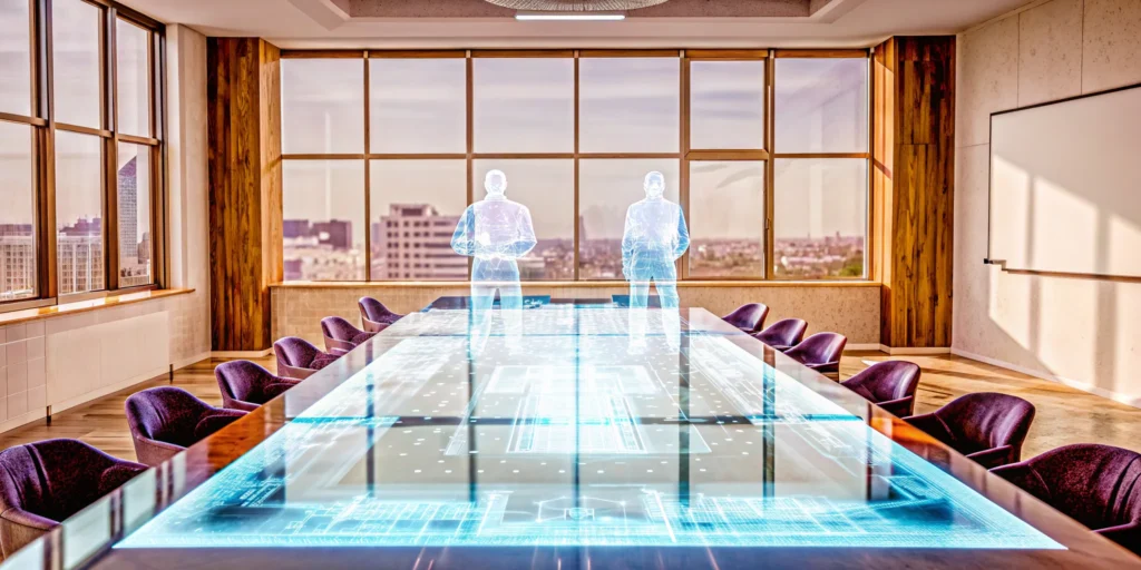 Hybrid event technology in a modern boardroom.