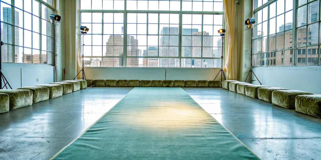 Runway setup by a top fashion event production agency in a modern, sunlit city loft.