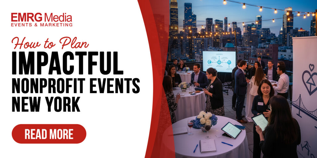 People networking at a rooftop nonprofit event in New York City with skyline view and branding by EMRG Media.
