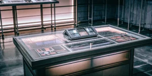 A high-tech control desk with multiple screens for managing virtual event production services.