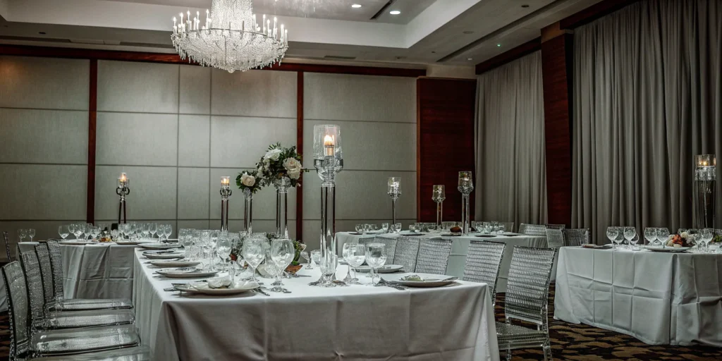 Elegant black tie event theme with crystal chairs, white floral centerpieces, and candlelit ambiance.