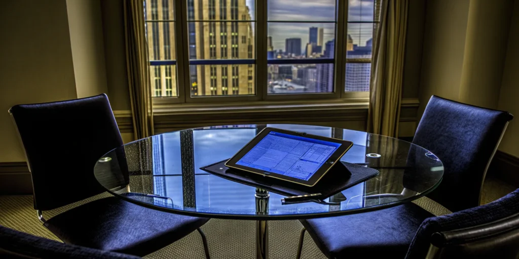 A digital tablet on a conference room table showing how to plan a corporate conference.