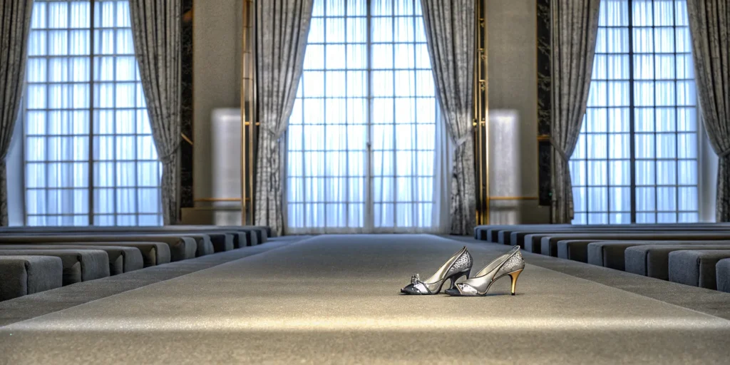An empty runway in a venue prepared for a fashion show production.