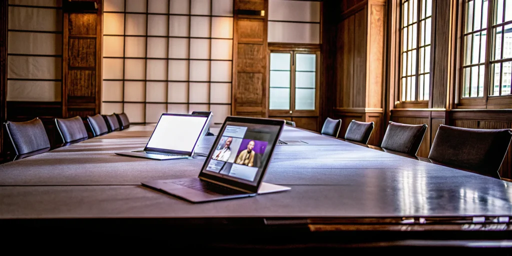 Hybrid event setup in a modern conference room.