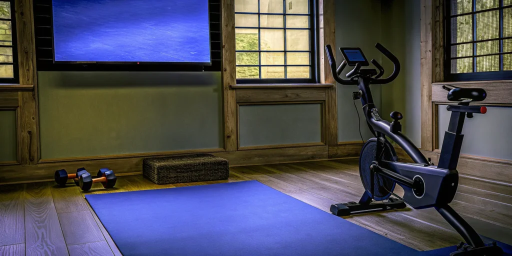 A home gym with an exercise bike and weights set up in front of a screen for a hybrid fitness event.