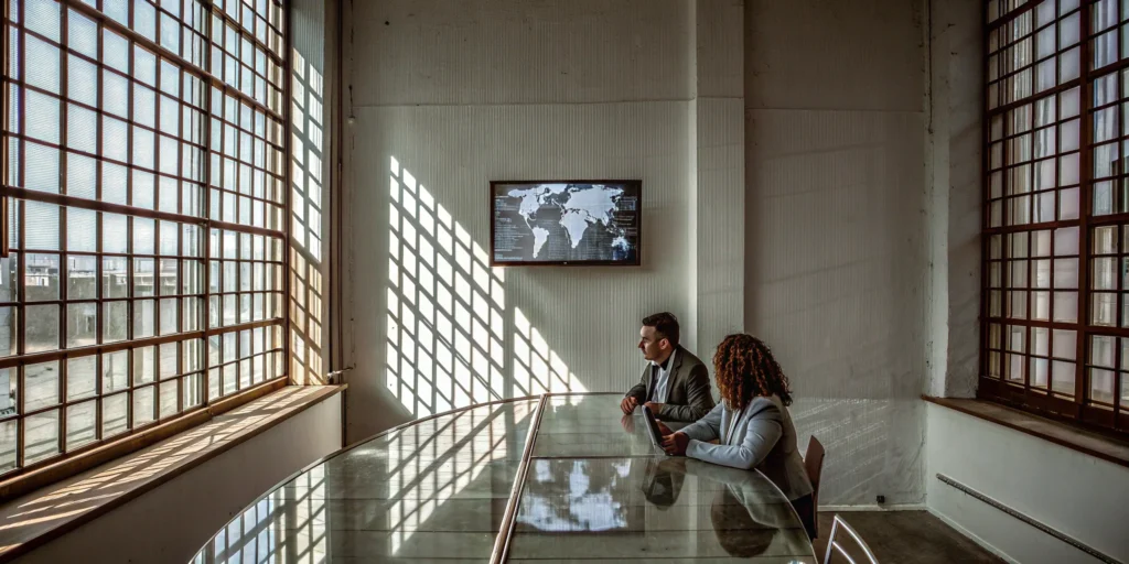 Event planners analyzing the pros and cons of hybrid events in a conference room.