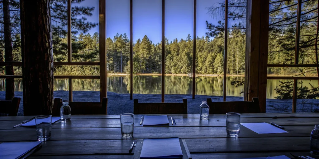 A meeting room prepared by corporate retreat companies with a view of a forest and lake.