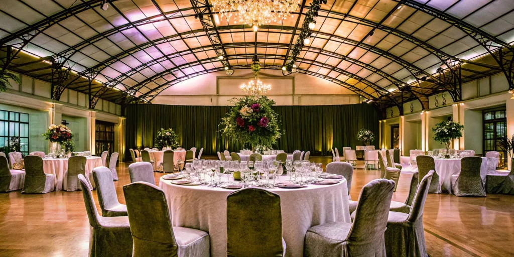 International event banquet hall setup with round tables and floral centerpieces.