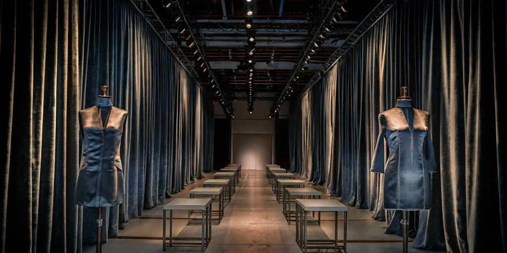 NYC fashion show production: Runway, lighting, and staging.