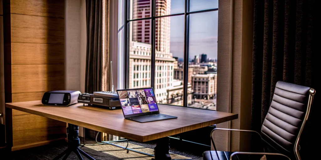 Hybrid event setup with laptop and streaming gear.