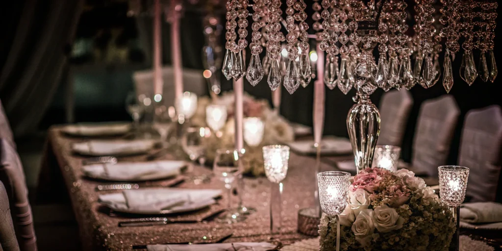 A luxurious table setting designed by high end event planners with floral centerpieces and candlelight.