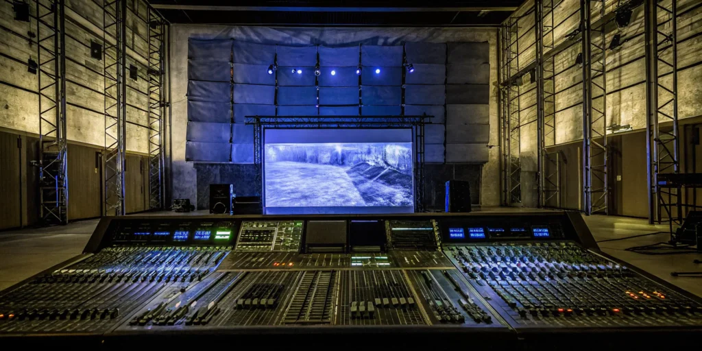 Professional audio visual and event production setup for a live show with a mixing board and stage.