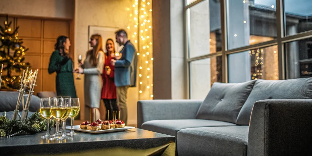 Corporate holiday party planners overseeing a successful festive event.