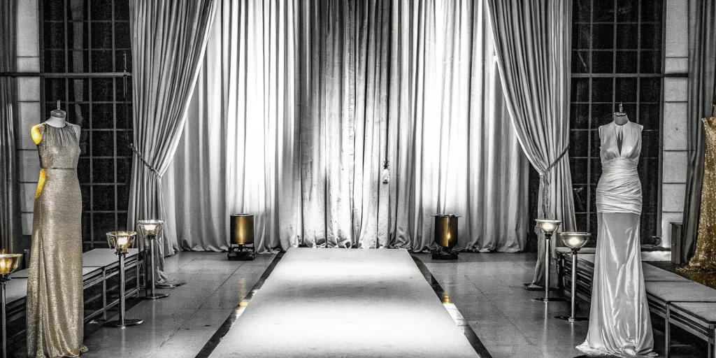 A high-end fashion show production in NYC with models on a runway under dramatic lights.