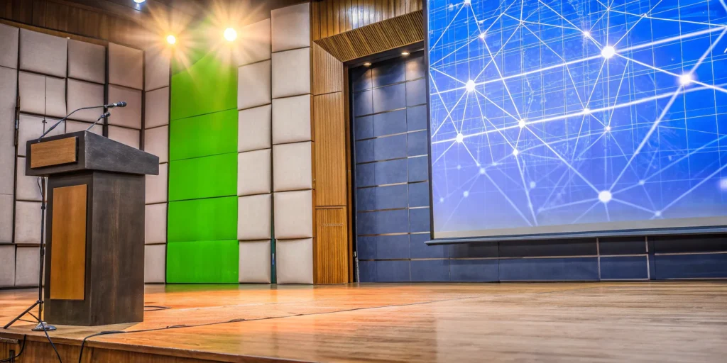 Conference stage with a large screen ready to address the challenges of hybrid events.