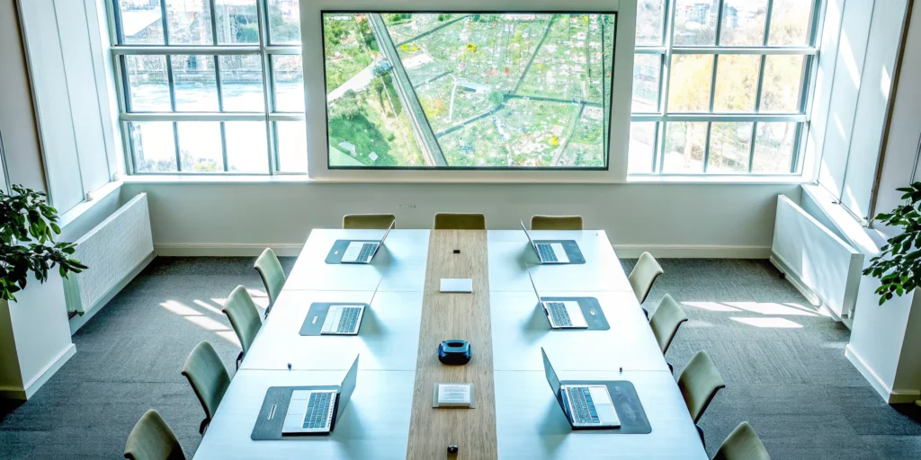 Conference room prepared for a logistics management meeting with laptops and a large screen.
