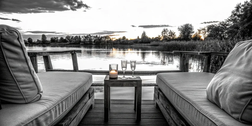 Lakeside lounge with comfortable seating, a serene location for corporate retreat planning.