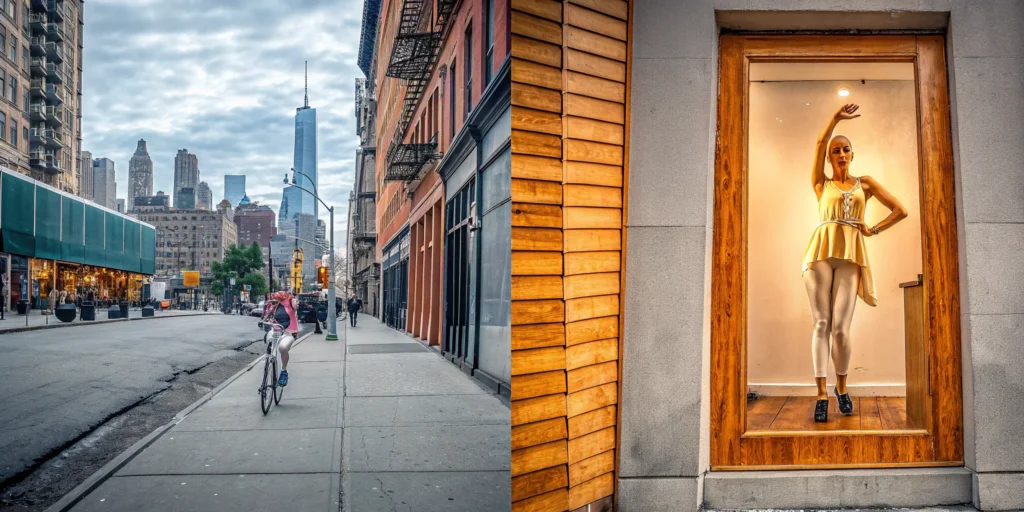A unique storefront window display on a city street is an example of experiential marketing.