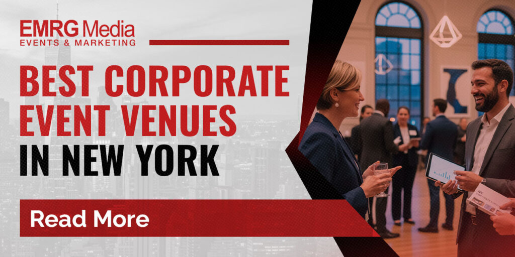 Business professionals networking at one of the best corporate event venues in New York, hosted by EMRG Media