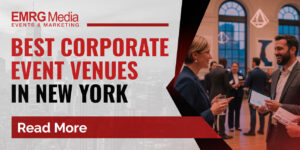 Business professionals networking at one of the best corporate event venues in New York, hosted by EMRG Media