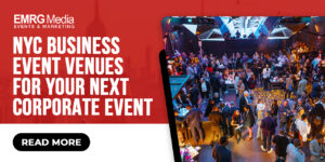 Crowd enjoying a corporate event at a stylish NYC business event venues with vibrant lighting and a lively atmosphere.