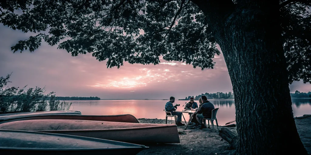 A successful company retreat with a team relaxing by a lake at sunset.