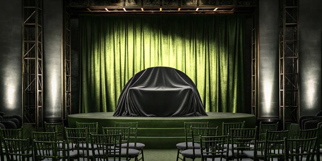 Stage prepared for a new product launch event with a covered display.