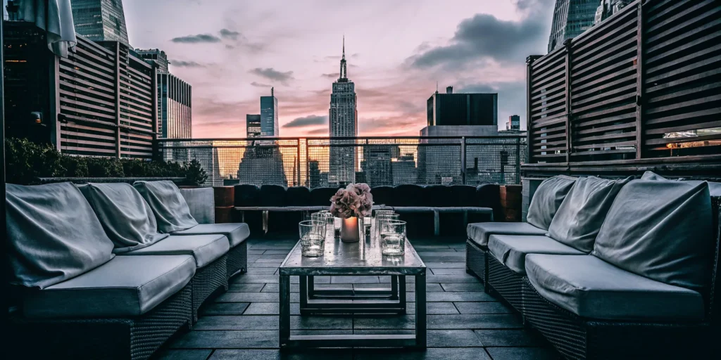 A stylish influencer event on a rooftop lounge overlooking the city at sunset.